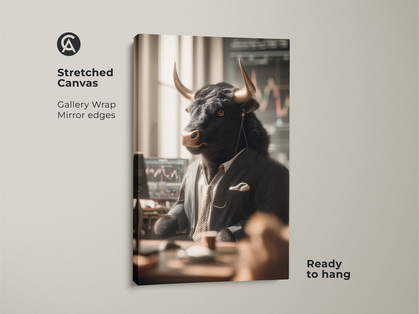 Stretched canvas featuring a bull stock trader. Gallery wrapped with mirrored edges. Ready to hang this canvas artwork. The bull dressed in a suit sits before stock market data. Perfect for financial professionals or art collectors.