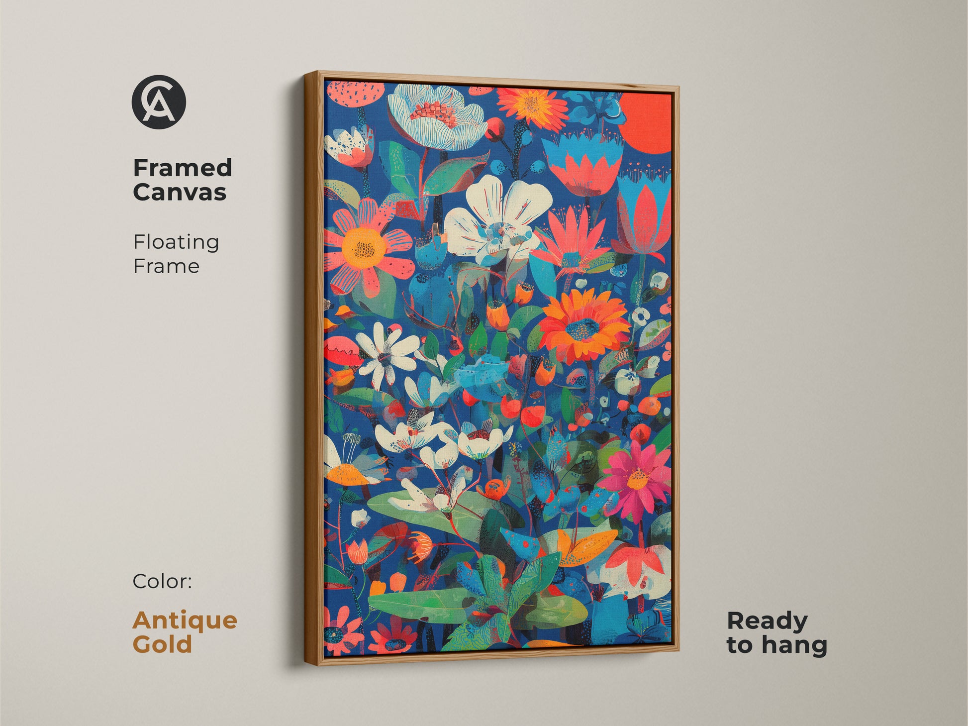 Framed canvas of botanical abstract wall art. The floating frame is antique gold. This floral print features deep blue coral red and teal colors. Ready to hang for eclectic home decor.