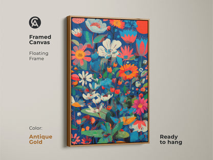 Framed canvas of botanical abstract wall art. The floating frame is antique gold. This floral print features deep blue coral red and teal colors. Ready to hang for eclectic home decor.