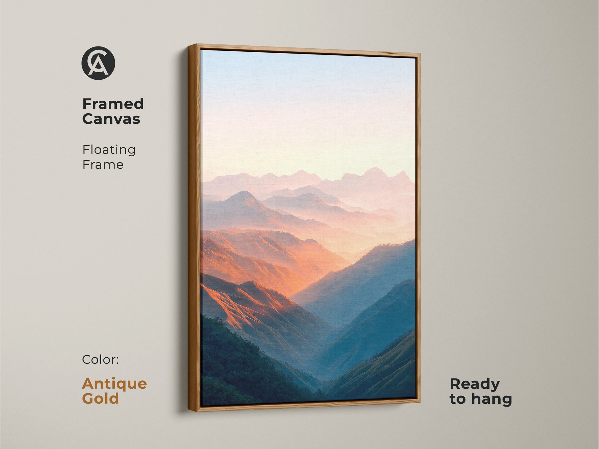 Framed in antique gold this peach and blue mountain valley canvas art adds elegance to any space. The contemporary landscape artwork brings a touch of nature indoors. The floating frame enhances the beauty. This scenic art print is ready to hang and admire.