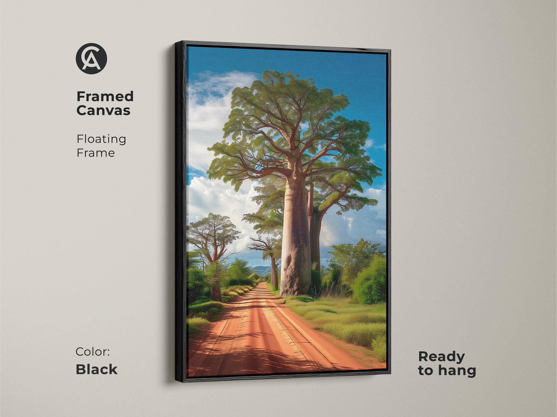 Framed canvas art showcasing an African Savanna landscape with a Baobab tree. The floating frame is black. Ready to hang in any room. This earth tones artwork adds a touch of adventure to your home decor.