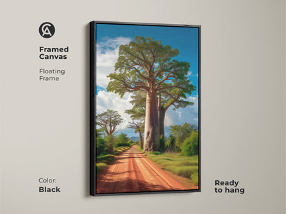 Framed canvas art showcasing an African Savanna landscape with a Baobab tree. The floating frame is black. Ready to hang in any room. This earth tones artwork adds a touch of adventure to your home decor.