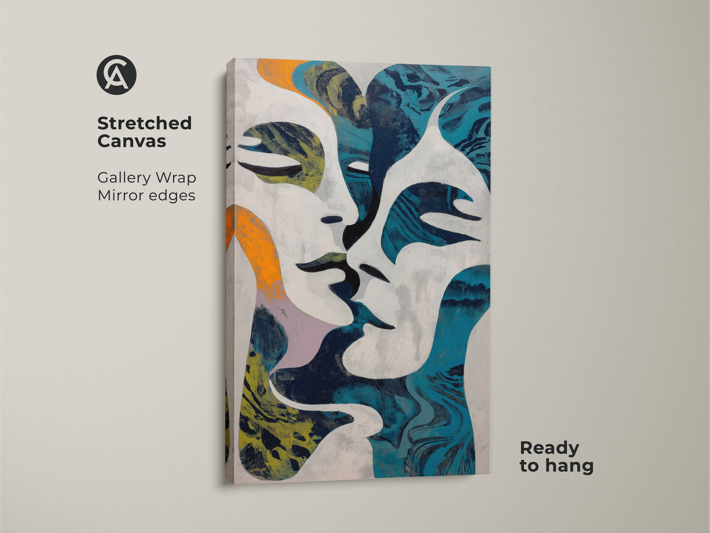 Navy blue and orange abstract face art print. A modern wall hanging with intertwined figures. This contemporary wall decor brings an eclectic style. Ideal as a housewarming gift for art lovers or a unique addition to any modern bedroom.