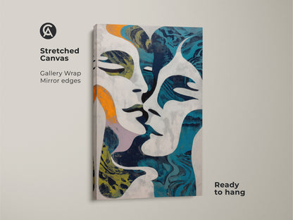 Navy blue and orange abstract face art print. A modern wall hanging with intertwined figures. This contemporary wall decor brings an eclectic style. Ideal as a housewarming gift for art lovers or a unique addition to any modern bedroom.