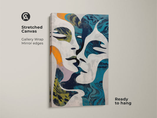 Navy blue and orange abstract face art print. A modern wall hanging with intertwined figures. This contemporary wall decor brings an eclectic style. Ideal as a housewarming gift for art lovers or a unique addition to any modern bedroom.