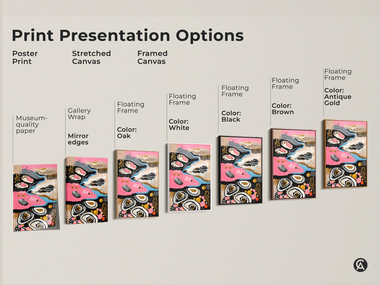 Print presentation options for Abstract Coastal Canvas Wall Art. Featuring options such as poster print stretched canvas and framed canvas. Floating frames in black brown white and gold.