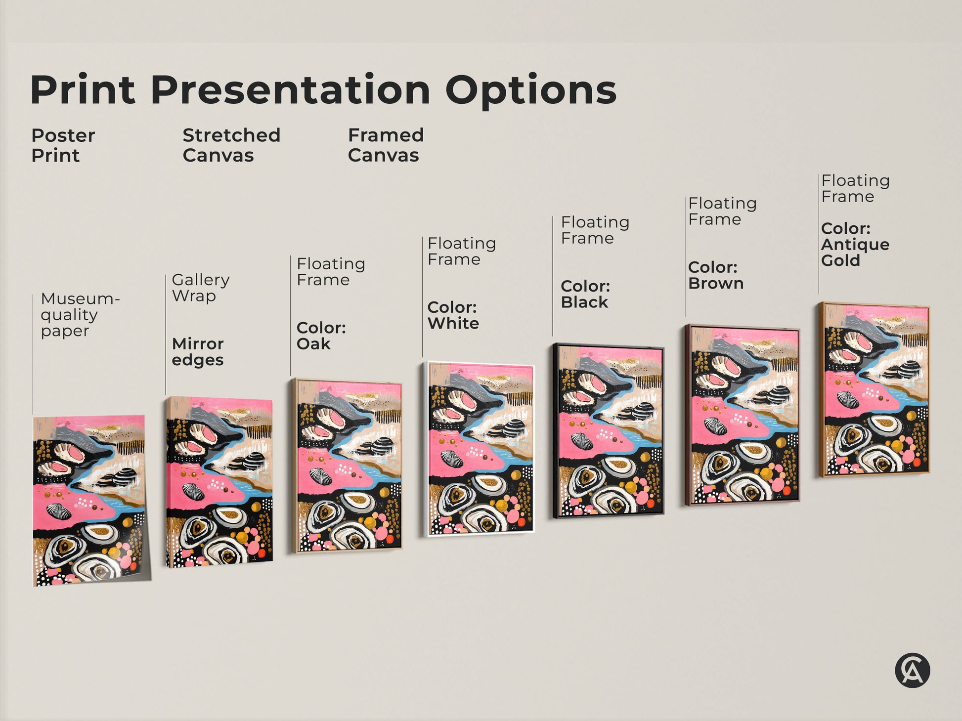 Print presentation options for Abstract Coastal Canvas Wall Art. Featuring options such as poster print stretched canvas and framed canvas. Floating frames in black brown white and gold.