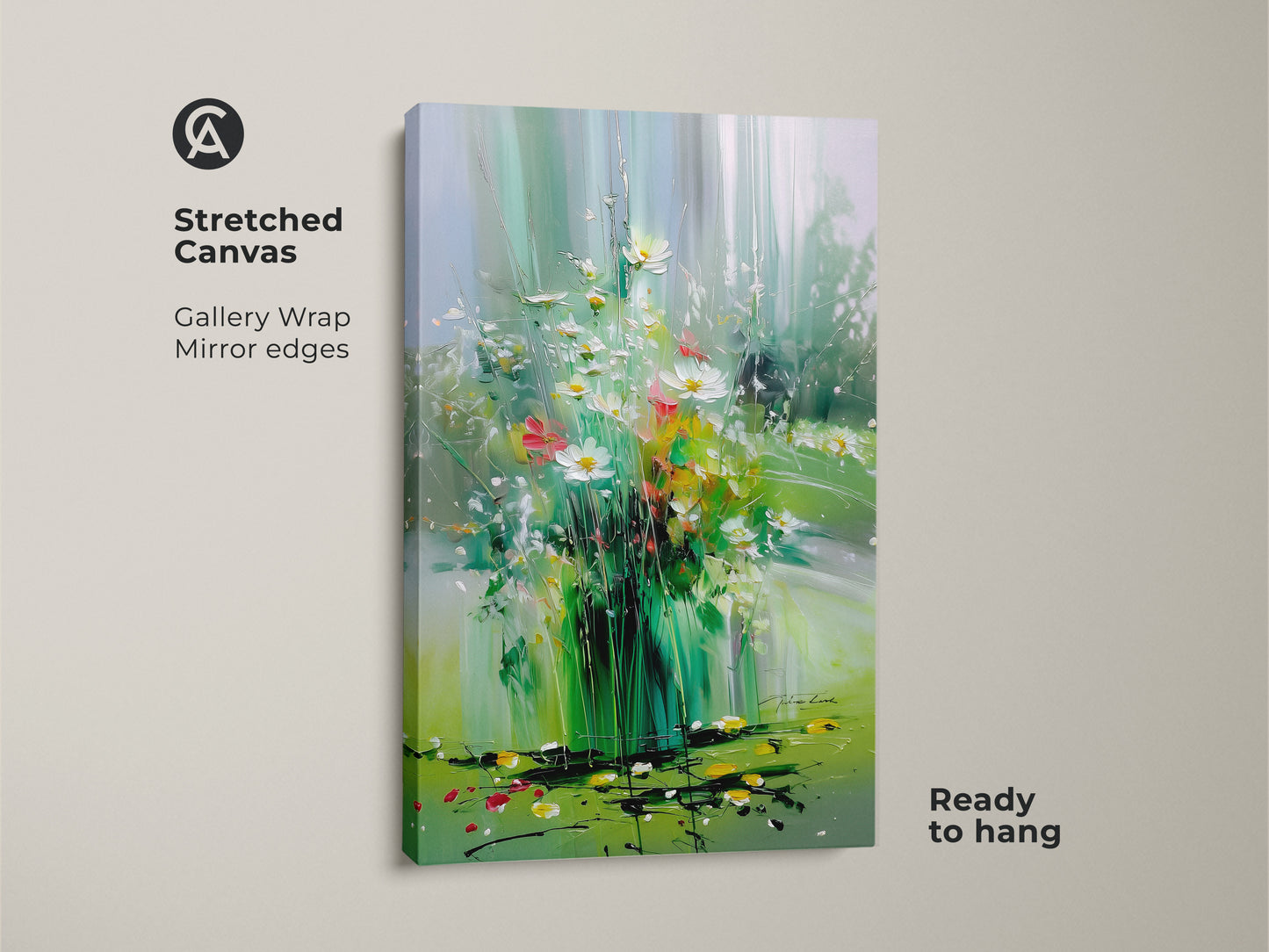 Stretched canvas print showcasing impressionistic wildflowers. Emerald green and light blue tones create a serene botanical artwork. This gallery-wrapped canvas is ready to hang adding a touch of nature to boho style interiors. Great nature lover gift art.