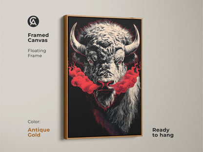 Framed canvas displaying the striking bison art. A floating frame enhances its modern appeal. This wildlife artwork features antique gold frame. Ready to hang it's a perfect gift for him. This rustic modern art provides a unique aesthetic touch.