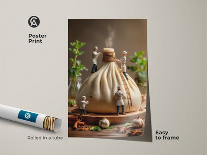 Poster print of a whimsical kitchen scene with miniature chefs and a giant dumpling. This food-themed art is easy to frame and adds a unique touch to your decor. Rolled in a tube for safe delivery.