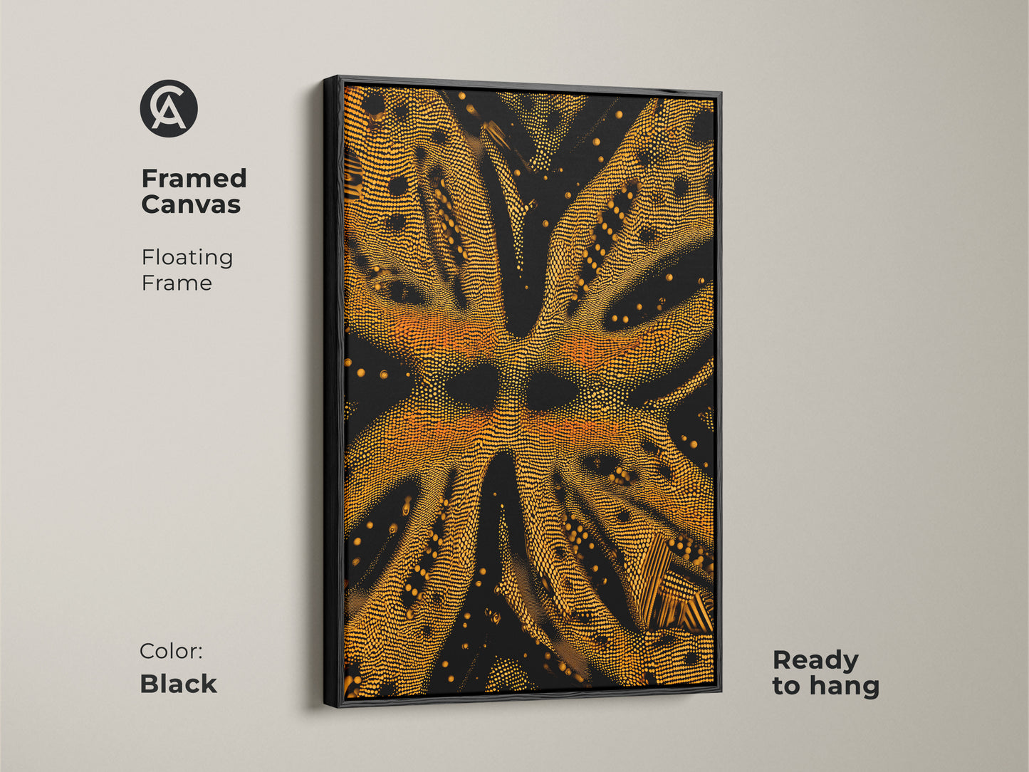 A framed canvas presents goldenrod and black abstract art. This geometric dotted artwork features a black floating frame. This textured canvas print is ready to hang. It is a contemporary and bold abstract wall art.