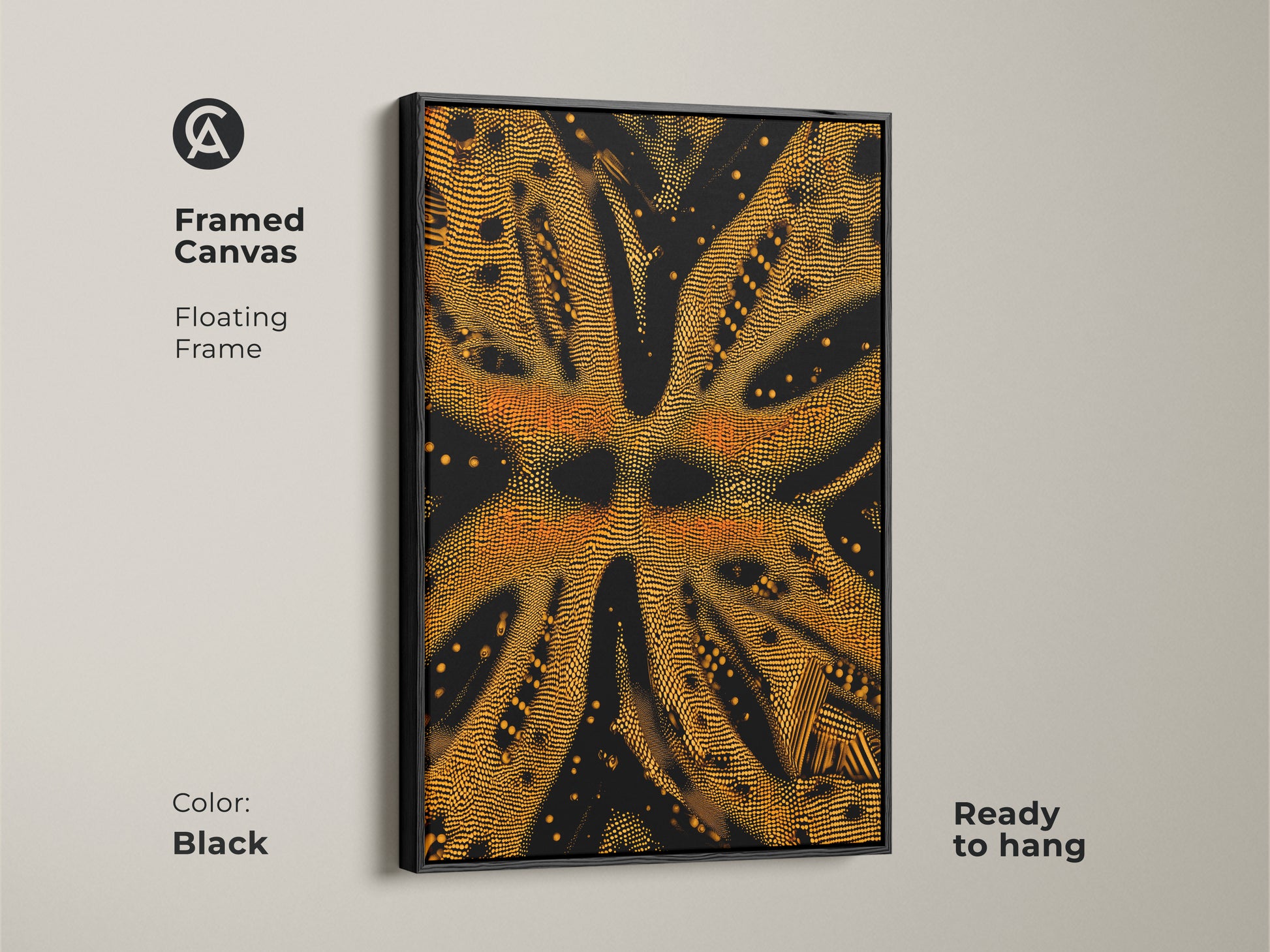 A framed canvas presents goldenrod and black abstract art. This geometric dotted artwork features a black floating frame. This textured canvas print is ready to hang. It is a contemporary and bold abstract wall art.