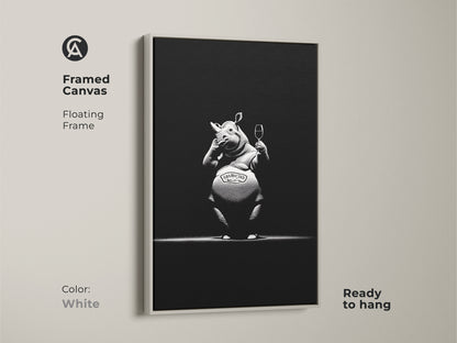 Framed canvas with floating frame showcasing sophisticated rhino artwork. This ready to hang white frame enhances the monochrome bar decor. Add a touch of humor with this black and white animal poster. Its a unique gift for wine enthusiasts or animal lovers and perfect as modern man cave art or office wall decor animal.