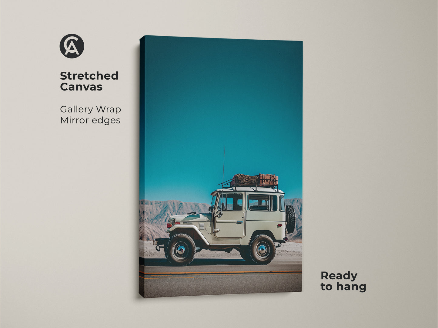 Stretched canvas gallery wrap showcasing a vintage SUV. The retro mountain landscape art has mirrored edges. It's ready to hang with teal sky blue decor. A perfect adventure photography print.