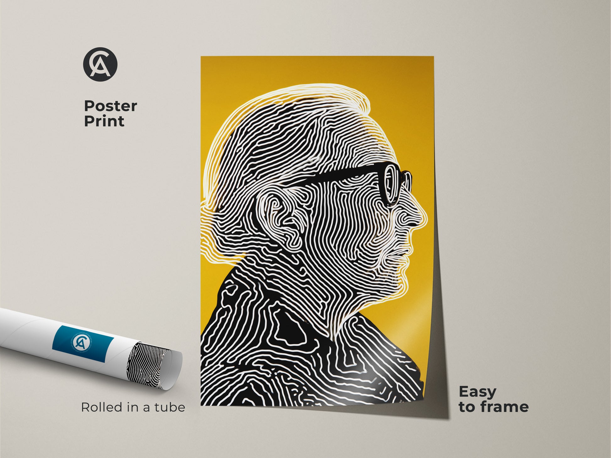 Poster print artwork of a man with glasses. This modern art features black and white line art on a yellow background. The poster is easy to frame. Rolled in a tube for protection. Enhance your home decor with this stylish print.
