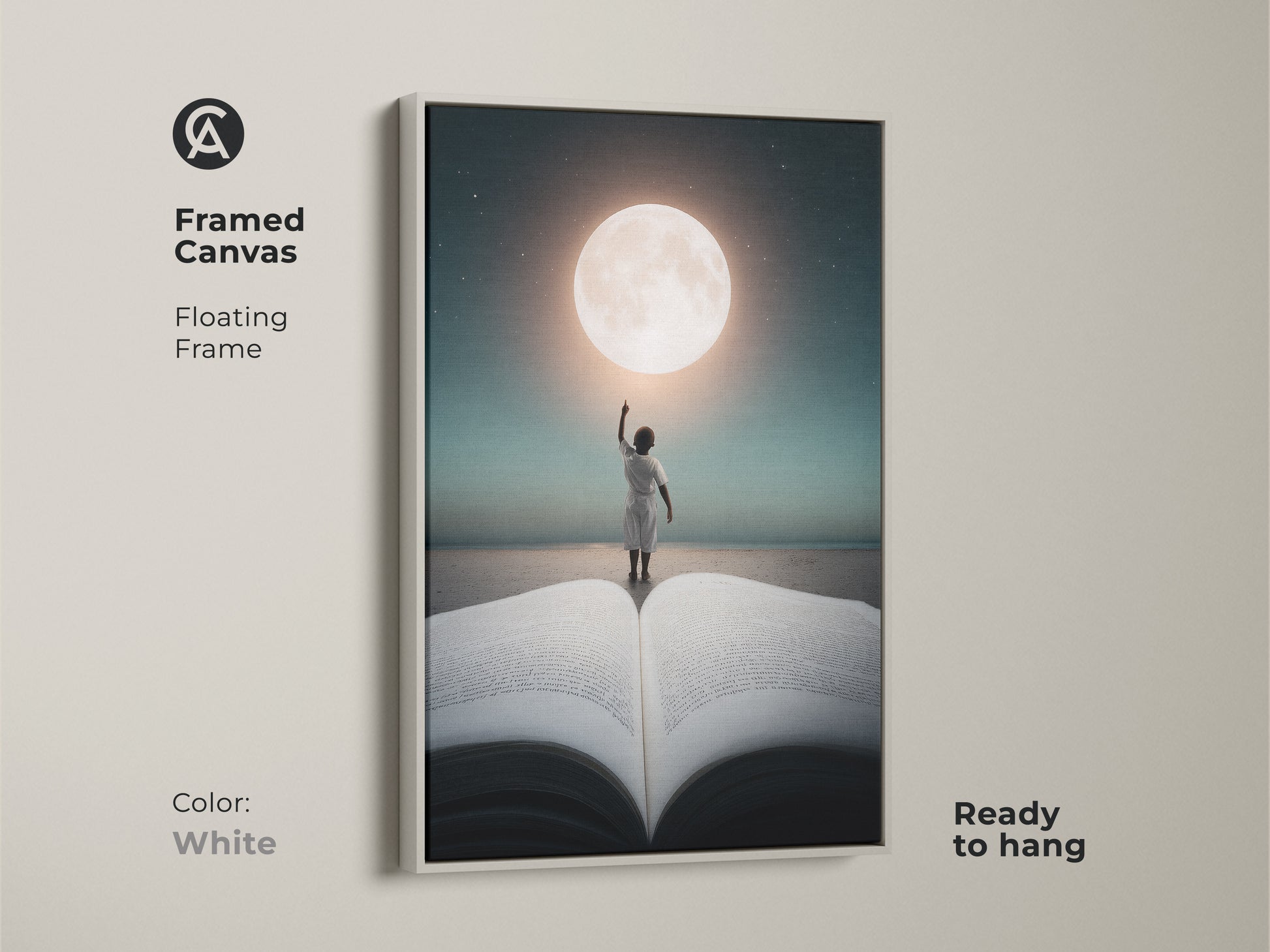 Framed canvas with a floating frame captures a child reaching for the moon. The white frame highlights this ready to hang artwork. Its celestial fantasy canvas adds a dreamy touch to your decor.