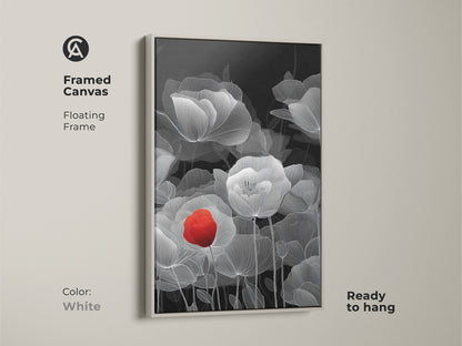 White framed canvas featuring abstract botanical line art. The red poppy contrasts beautifully with the black and white floral artwork. This ready-to-hang minimalist art is perfect for modern home decor. It's a chic and elegant wall hanging.