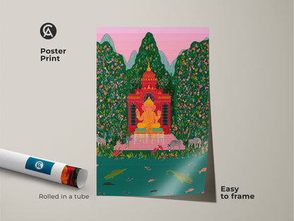 Ganesha poster print rolled in a tube. This museum-quality paper features a vibrant jungle scene. The folk art wall hanging is easy to frame. Perfect for eclectic home decor. The spiritual artwork showcases the Hindu deity Ganesha. This colorful print adds a tropical touch.