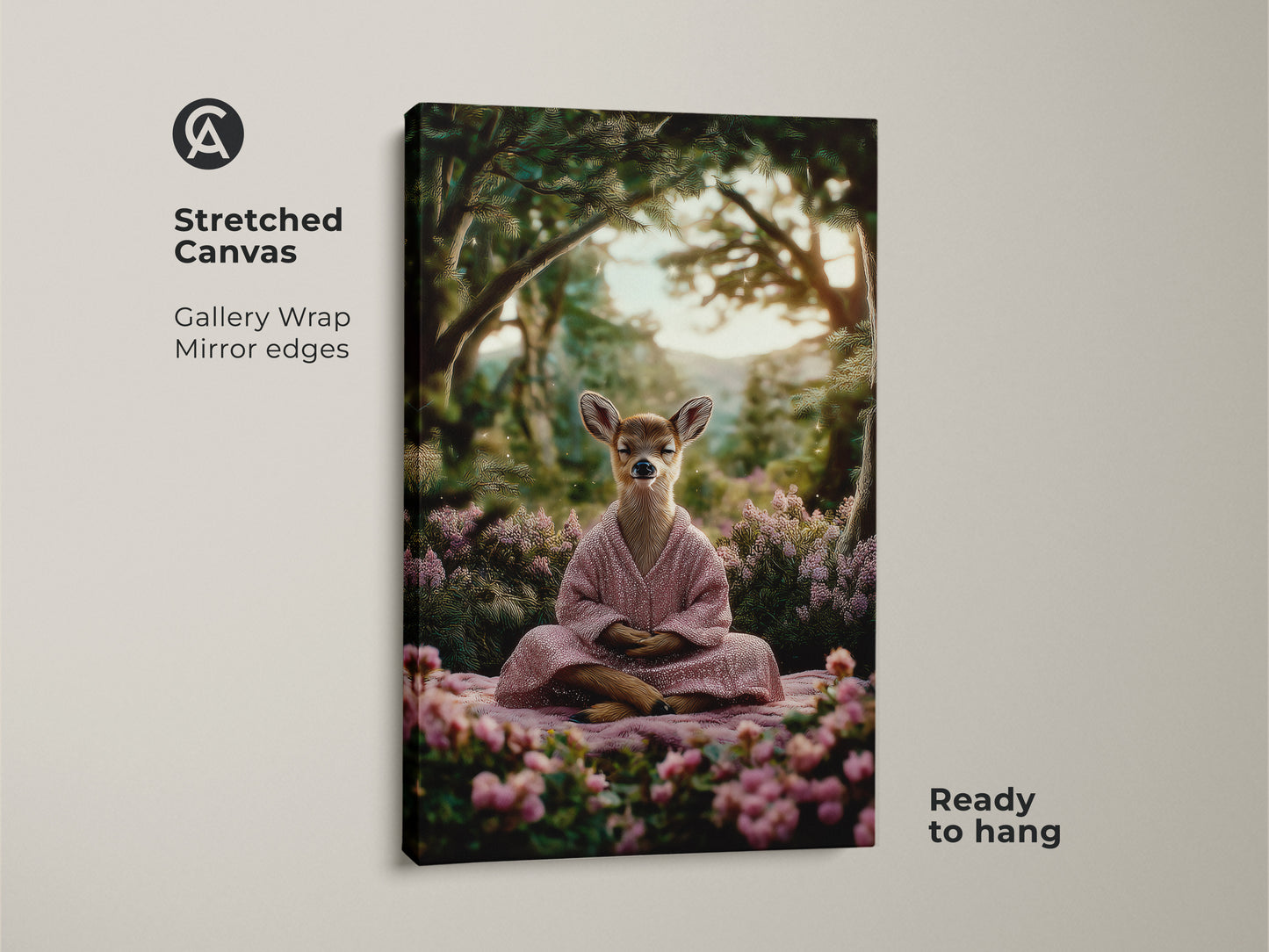 A serene deer is meditating in a lush forest. This zen deer art is on a stretched canvas. It features gallery wrap mirror edges. The forest yoga canvas print is ready to hang. It is boho bedroom wall decor.
