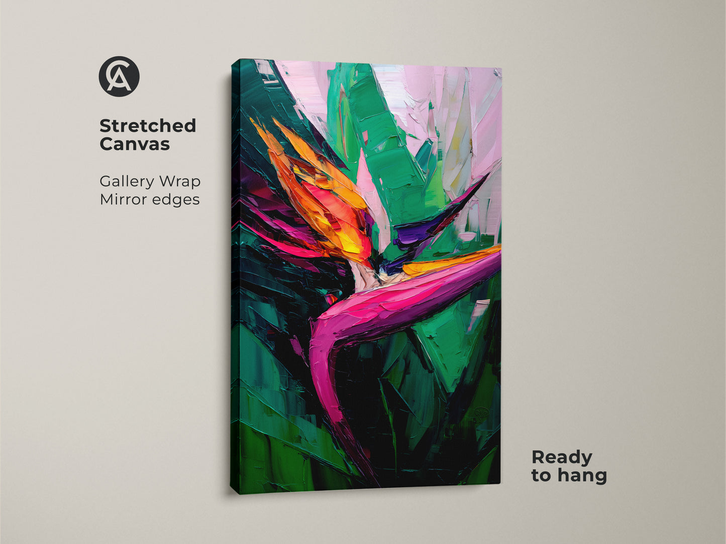 Stretched canvas print of a vibrant Bird of Paradise. The tropical leaves wall art brings a boho touch to any space. It's a green orange and pink nature inspired artwork.