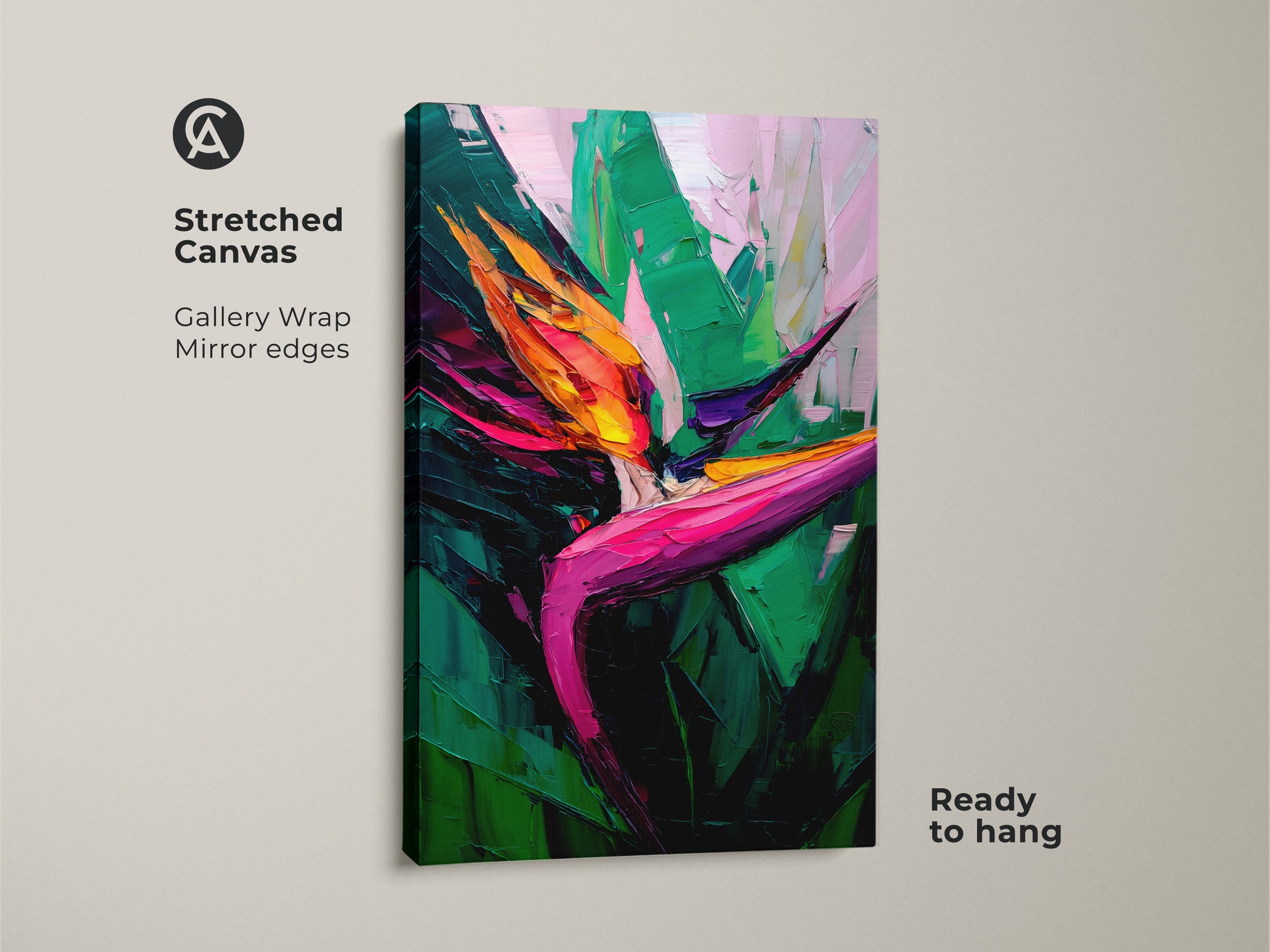 Stretched canvas print of a vibrant Bird of Paradise. The tropical leaves wall art brings a boho touch to any space. It's a green orange and pink nature inspired artwork.