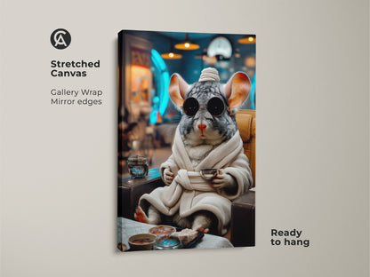 This stretched canvas features a surreal chinchilla in a robe holding a cup. The funny animal wall art adds an eclectic touch. The gray brown and teal art makes a unique gift for animal lovers.
