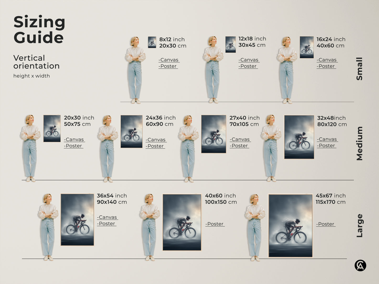 Sizing guide for vertical road cyclist canvas and poster prints. Available in small medium and large sizes. Dimensions include 8x12 inch 20x30 cm to 45x67 inch 115x170 cm. Perfect for office wall art home decor or a unique gift for a cycling enthusiast.
