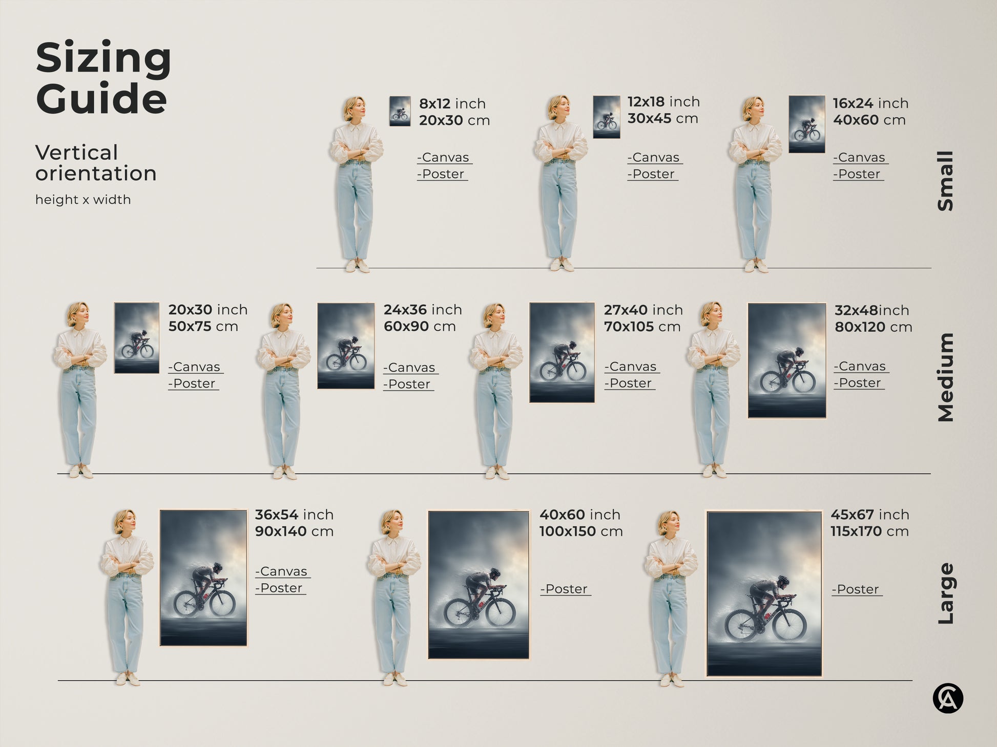 Sizing guide for vertical road cyclist canvas and poster prints. Available in small medium and large sizes. Dimensions include 8x12 inch 20x30 cm to 45x67 inch 115x170 cm. Perfect for office wall art home decor or a unique gift for a cycling enthusiast.