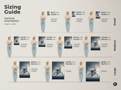 Sizing guide for vertical road cyclist canvas and poster prints. Available in small medium and large sizes. Dimensions include 8x12 inch 20x30 cm to 45x67 inch 115x170 cm. Perfect for office wall art home decor or a unique gift for a cycling enthusiast.