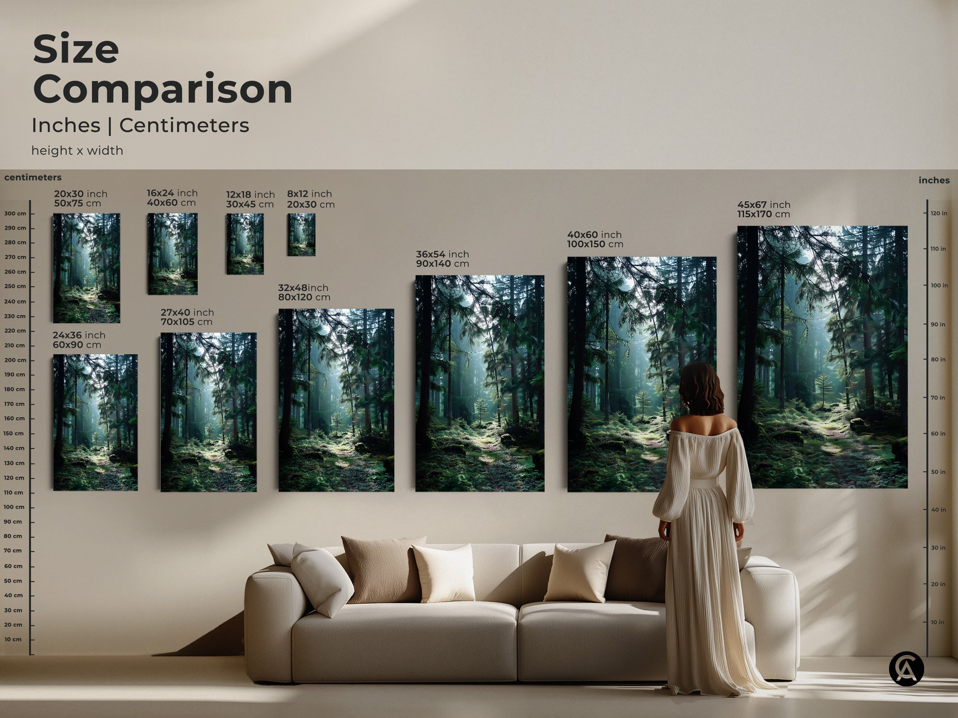 Size comparison of deep green forest canvas. See how the artwork looks above a couch. Available in various sizes. Find the perfect pine tree forest art for your home. This foggy woods wall decor is ideal for any space.