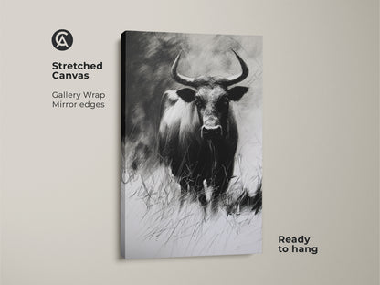 Stretched canvas print featuring a buffalo charcoal sketch. The gallery wrap has mirrored edges. Ready to hang this rustic wildlife artwork adds a farmhouse touch to any room. It's a monochrome animal canvas.