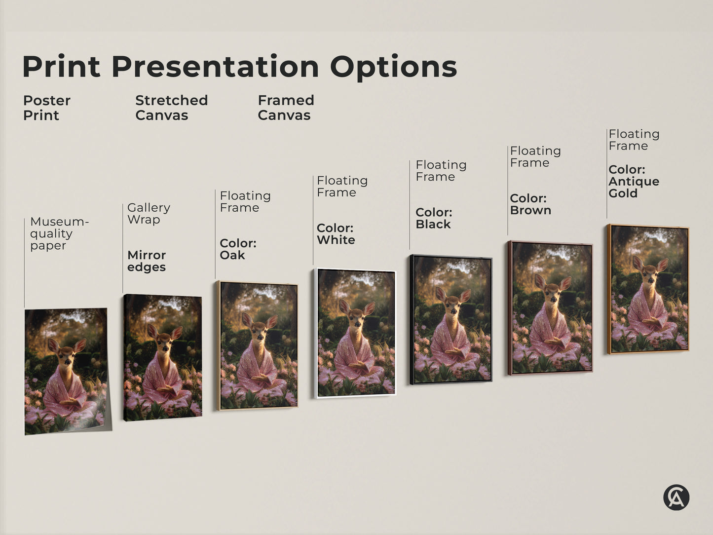 Print presentation options for meditating deer art. Available as a poster print stretched canvas or framed canvas. Choose from museum-quality paper gallery wrap or floating frames. Frame colors include oak black brown antique gold white.