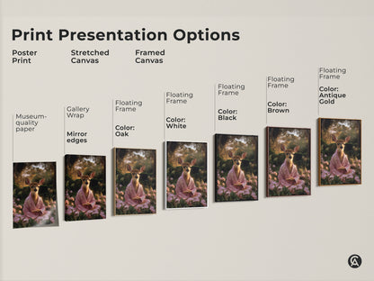 Print presentation options for meditating deer art. Available as a poster print stretched canvas or framed canvas. Choose from museum-quality paper gallery wrap or floating frames. Frame colors include oak black brown antique gold white.