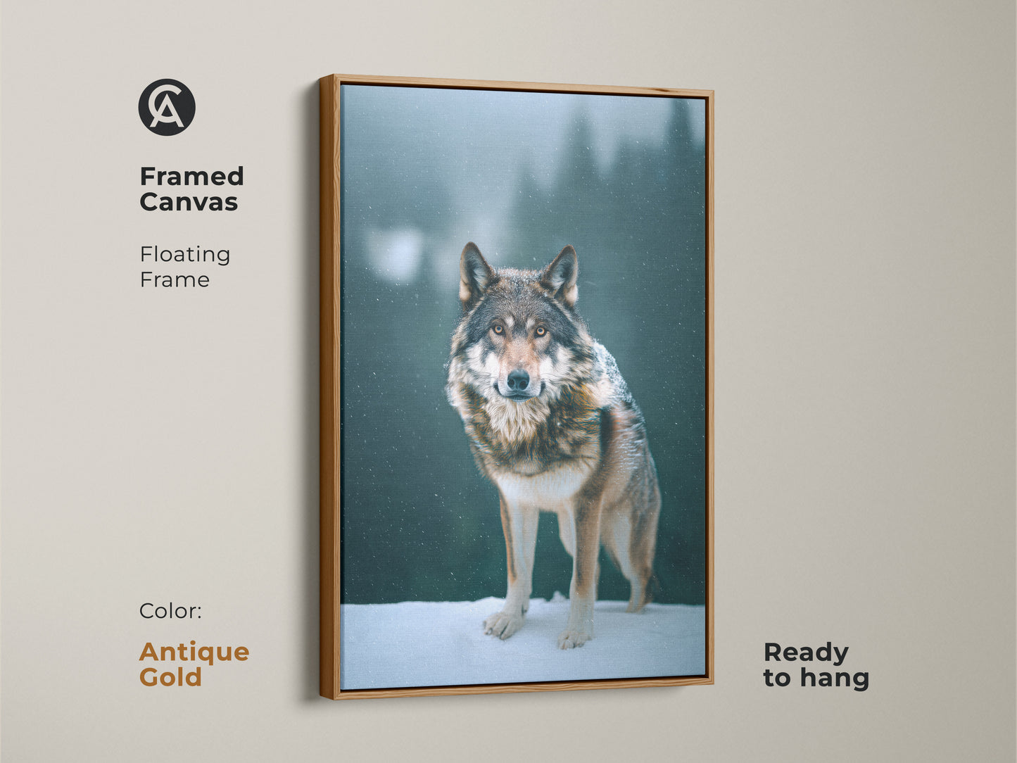 Framed wolf canvas art with an antique gold floating frame. This stunning print features a photorealistic wolf in a snowy woodland. The wildlife decor is enhanced by gray and brown tones. This ready-to-hang artwork makes a great housewarming gift for rustic home decor.