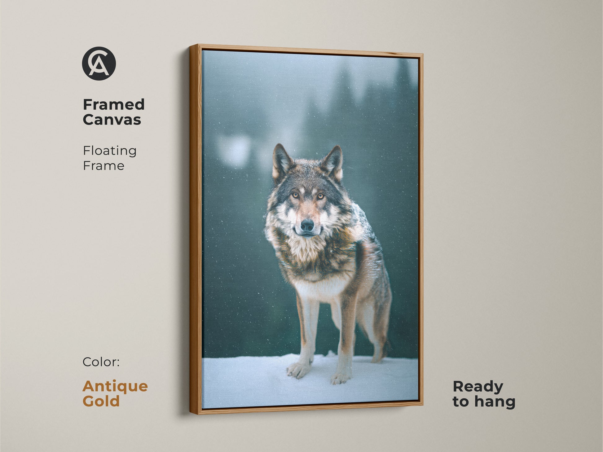 Framed wolf canvas art with an antique gold floating frame. This stunning print features a photorealistic wolf in a snowy woodland. The wildlife decor is enhanced by gray and brown tones. This ready-to-hang artwork makes a great housewarming gift for rustic home decor.