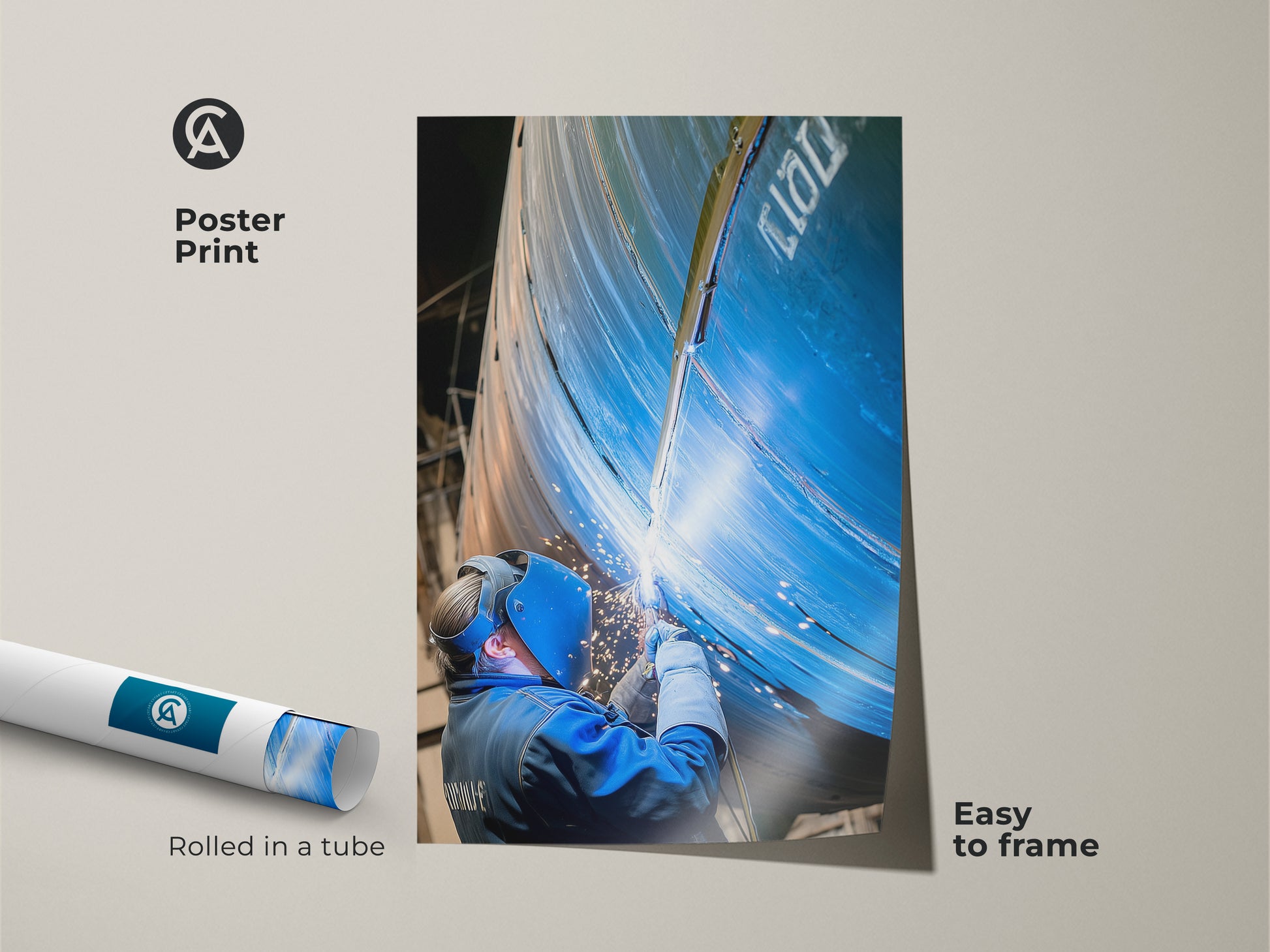 Industrial photography print shows a welder in action. This welding art print is easy to frame. The art is rolled in a tube for shipping. It shows sparks and fire art. A perfect blue collar worker gift idea.