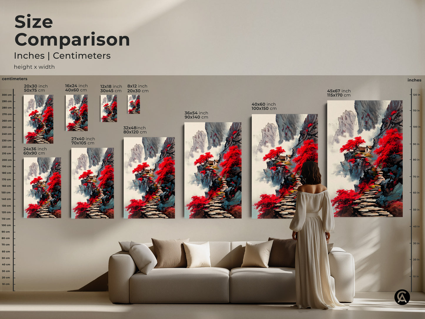 Size comparison of the red mountain pagoda art print on a living room wall. Visualize the canvas and poster sizes in inches and centimeters. This Japandi style wall decor enhances your home. It is a perfect housewarming gift.