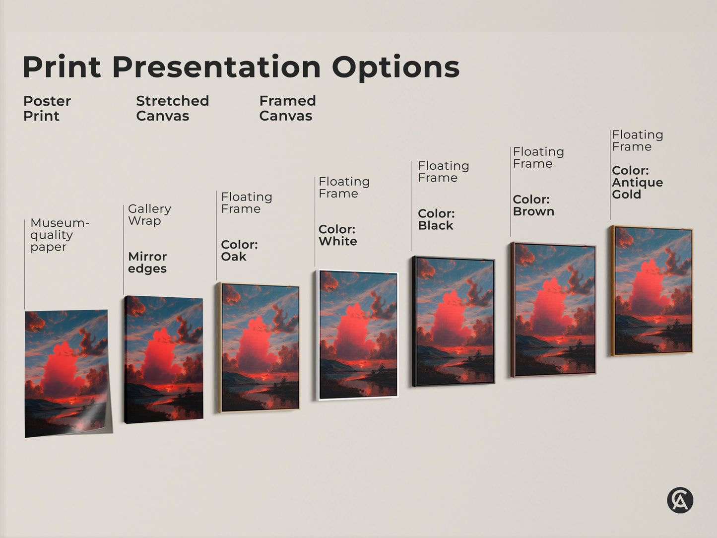 Print presentation options showcasing sunset artwork. See poster prints stretched canvas and framed canvas options. Floating frames come in oak white black brown and antique gold. Find the perfect style for your home.