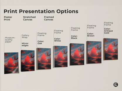Print presentation options showcasing sunset artwork. See poster prints stretched canvas and framed canvas options. Floating frames come in oak white black brown and antique gold. Find the perfect style for your home.
