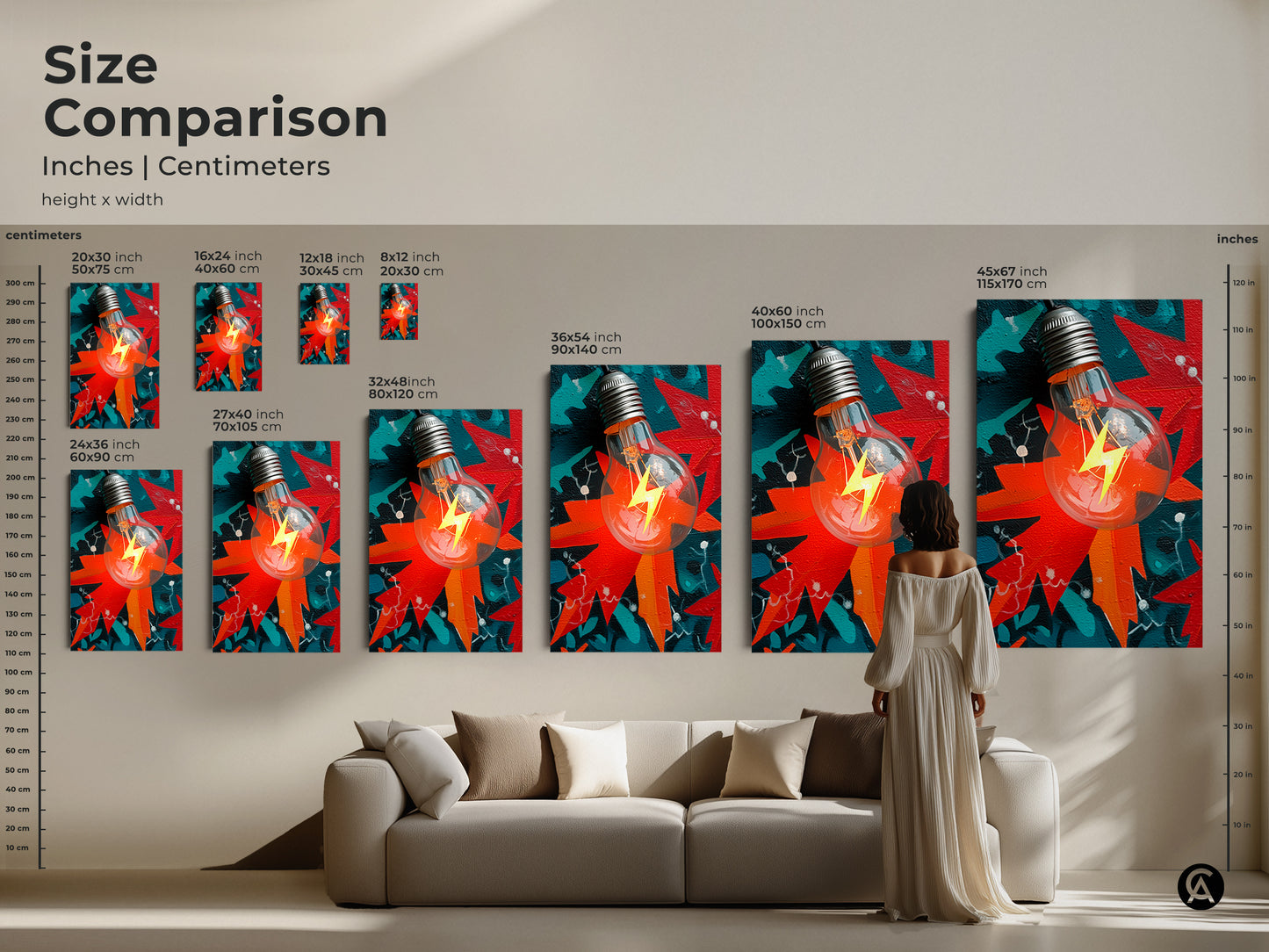 A size comparison featuring abstract light bulb canvas prints in various sizes. The modern artwork features a bold lightning bolt. It is rendered in red orange and teal. Add inspiration to your workspace.