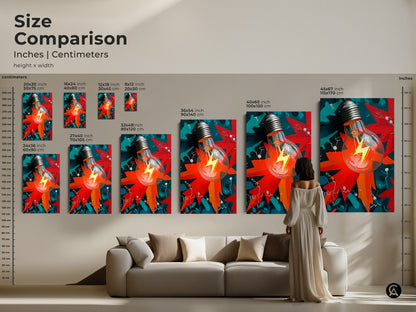 A size comparison featuring abstract light bulb canvas prints in various sizes. The modern artwork features a bold lightning bolt. It is rendered in red orange and teal. Add inspiration to your workspace.