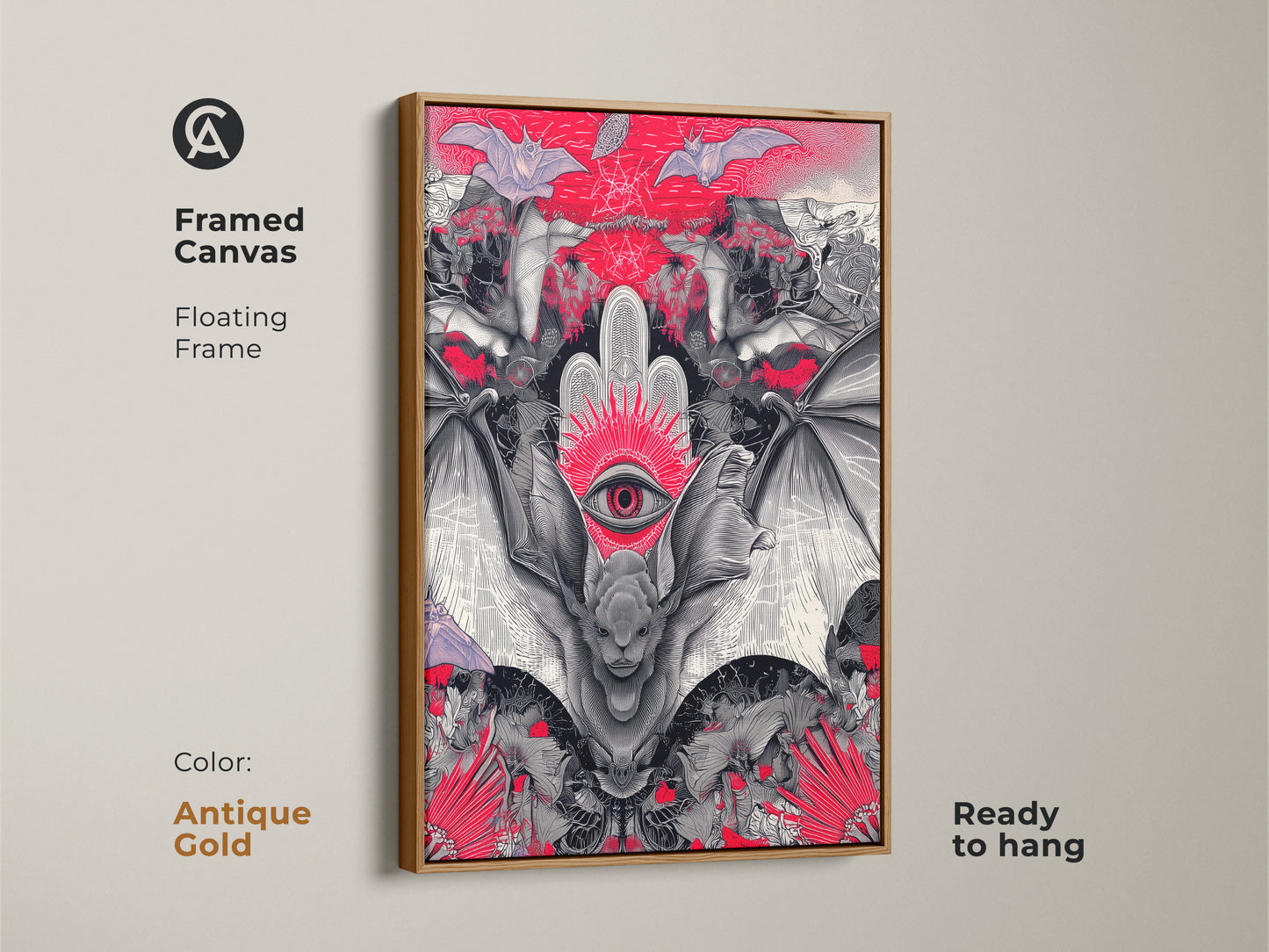 Framed canvas featuring gothic bat surreal third eye art. The antique gold floating frame enhances this esoteric wall decor. Perfect for a gothic living room or alternative office with a unique spooky touch.