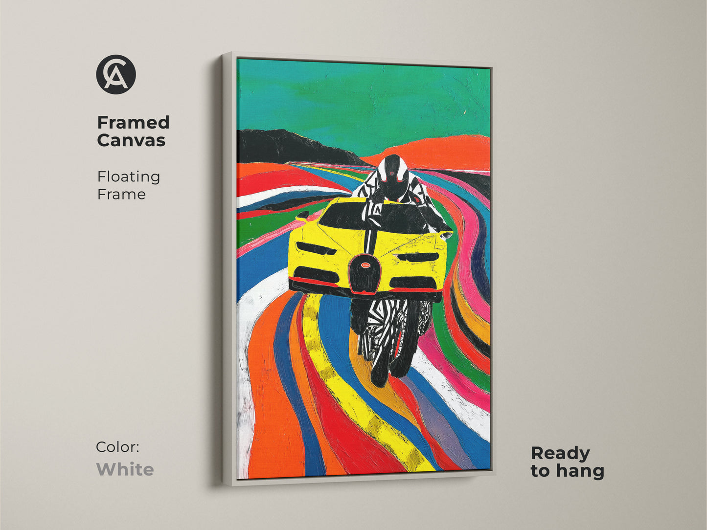 The framed canvas features dynamic Yellow race car Pop artwork with a white floating frame. Ready to hang it brings modern automotive art to your space. Ideal for F1 and racing fans this vibrant print adds a touch of speed to any room. The artwork's abstract style and bold colors make it a standout piece. Its perfect for adding energy to a garage wall or office.