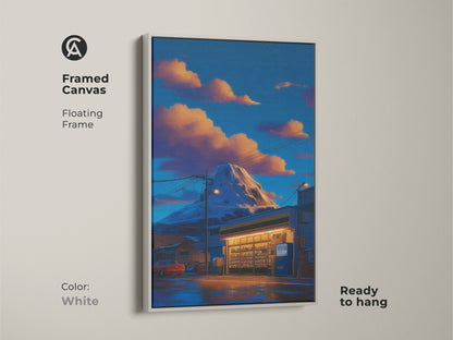 White framed canvas art print of a retro anime mountain convenience store. The deep blue and orange Japanese landscape is ready to hang. This floating frame enhances the eclectic artwork. Perfect for anime fans seeking unique bedroom wall art. This piece adds an atmospheric cityscape to any space.