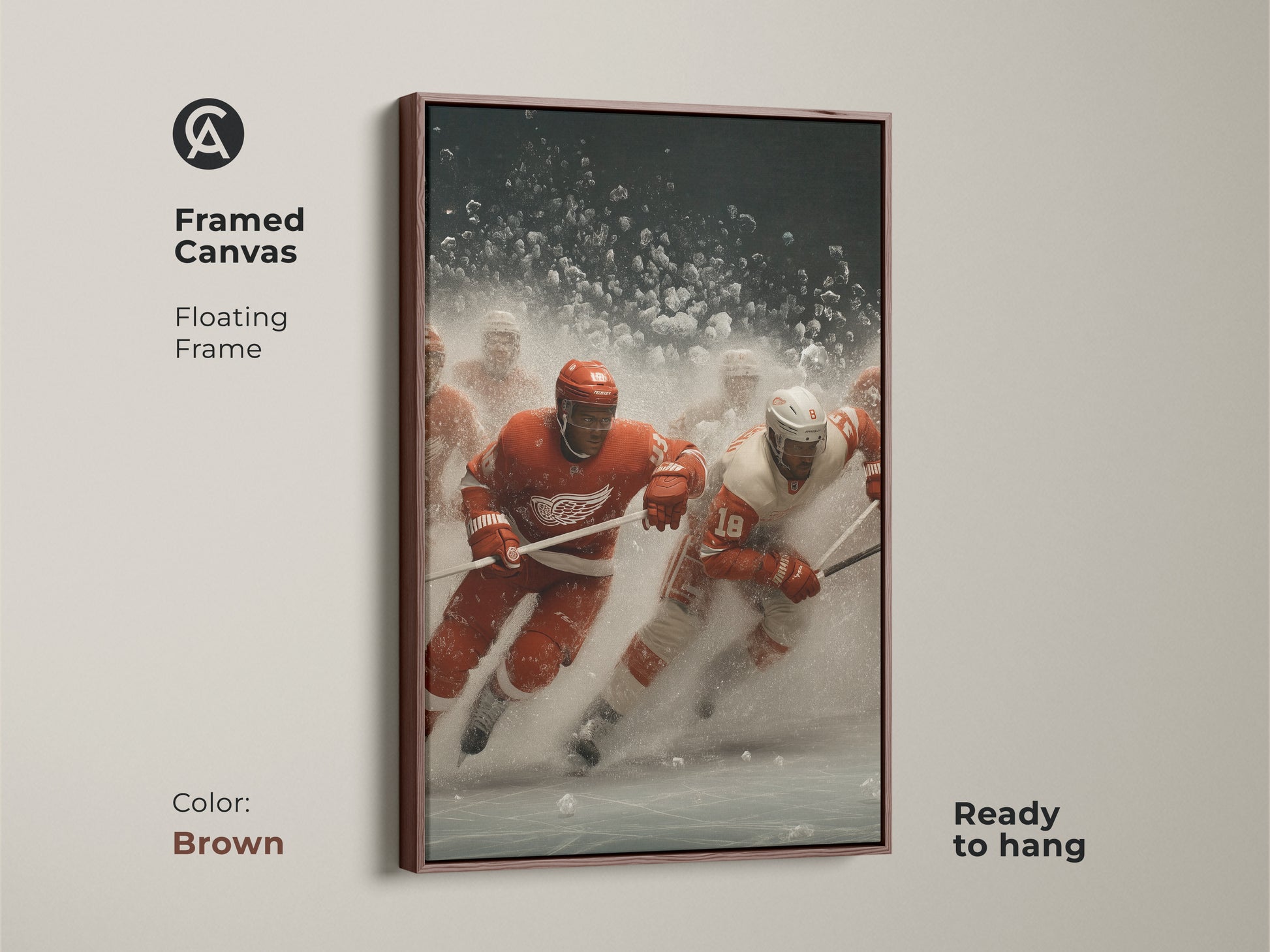 Framed Canvas with Floating Frame featuring a dynamic Ice Hockey action shot.  The artwork is ready to hang with a brown frame. This sports decor is perfect for game rooms and hockey fans. The Red and White print adds an energetic contemporary feel.