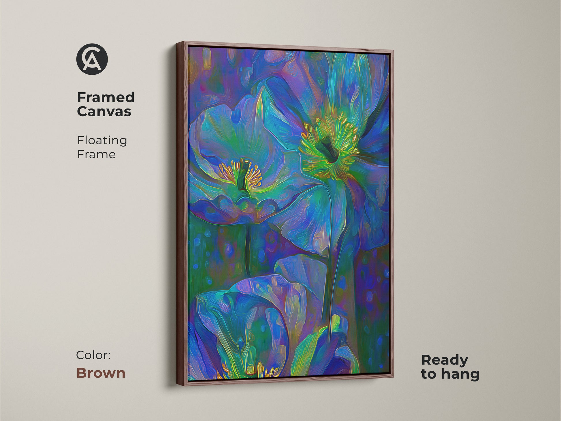 Framed canvas features a floating frame with abstract blue floral art. Teal green poppy anemone painting is ready to hang adding a bohemian touch to a bedroom. Brown frame enhances the nature-inspired artwork creating an impressionistic flower decor.