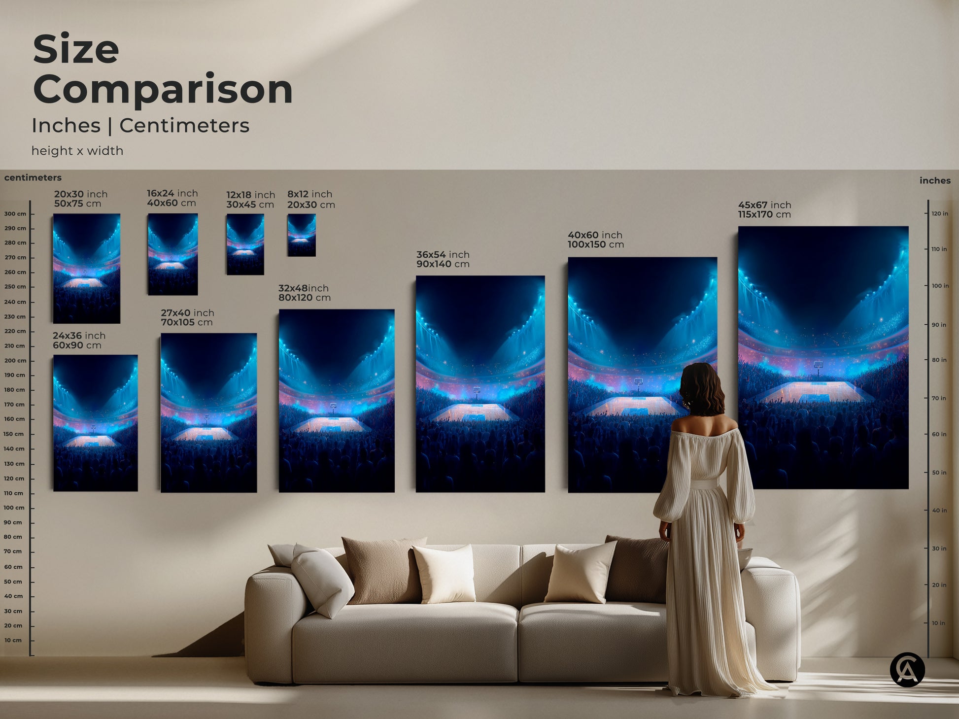 Size comparison of basketball arena artwork in inches and centimeters. See how different sizes look in a living room setting. From small to large prints. Find the perfect fit for your space. Elevate your home decor.