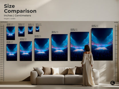 Size comparison of basketball arena artwork in inches and centimeters. See how different sizes look in a living room setting. From small to large prints. Find the perfect fit for your space. Elevate your home decor.