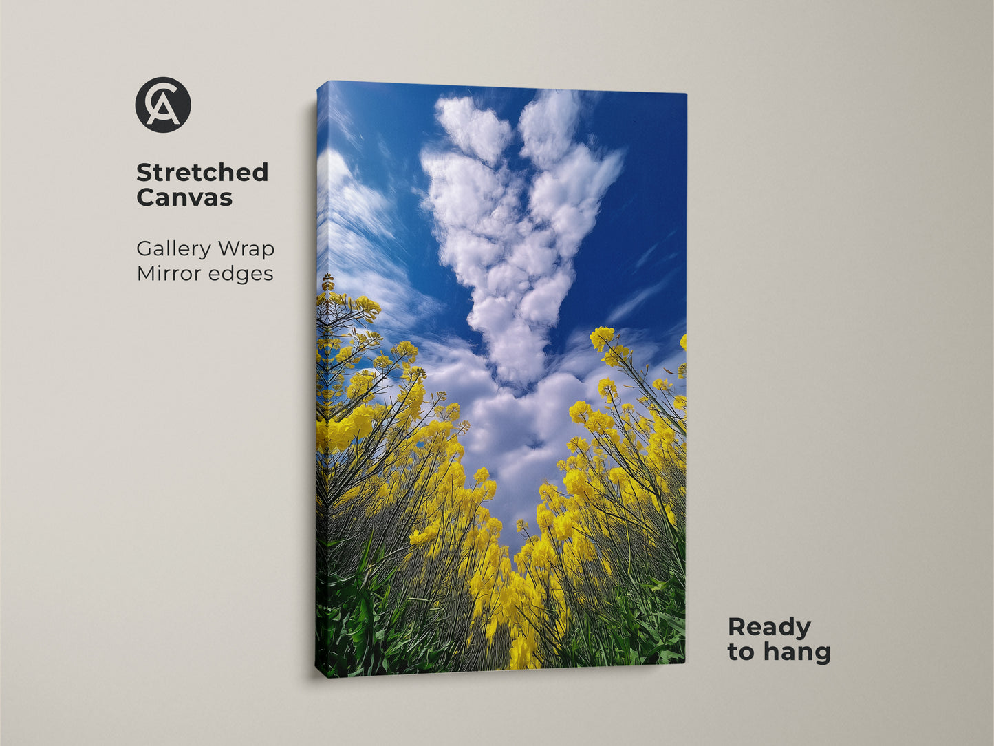Stretched canvas print of a yellow canola field. The gallery wrap has mirror edges for a clean look. Blue sky and clouds add depth to this landscape. Ready to hang this impressionistic artwork is great for botanical wall art.