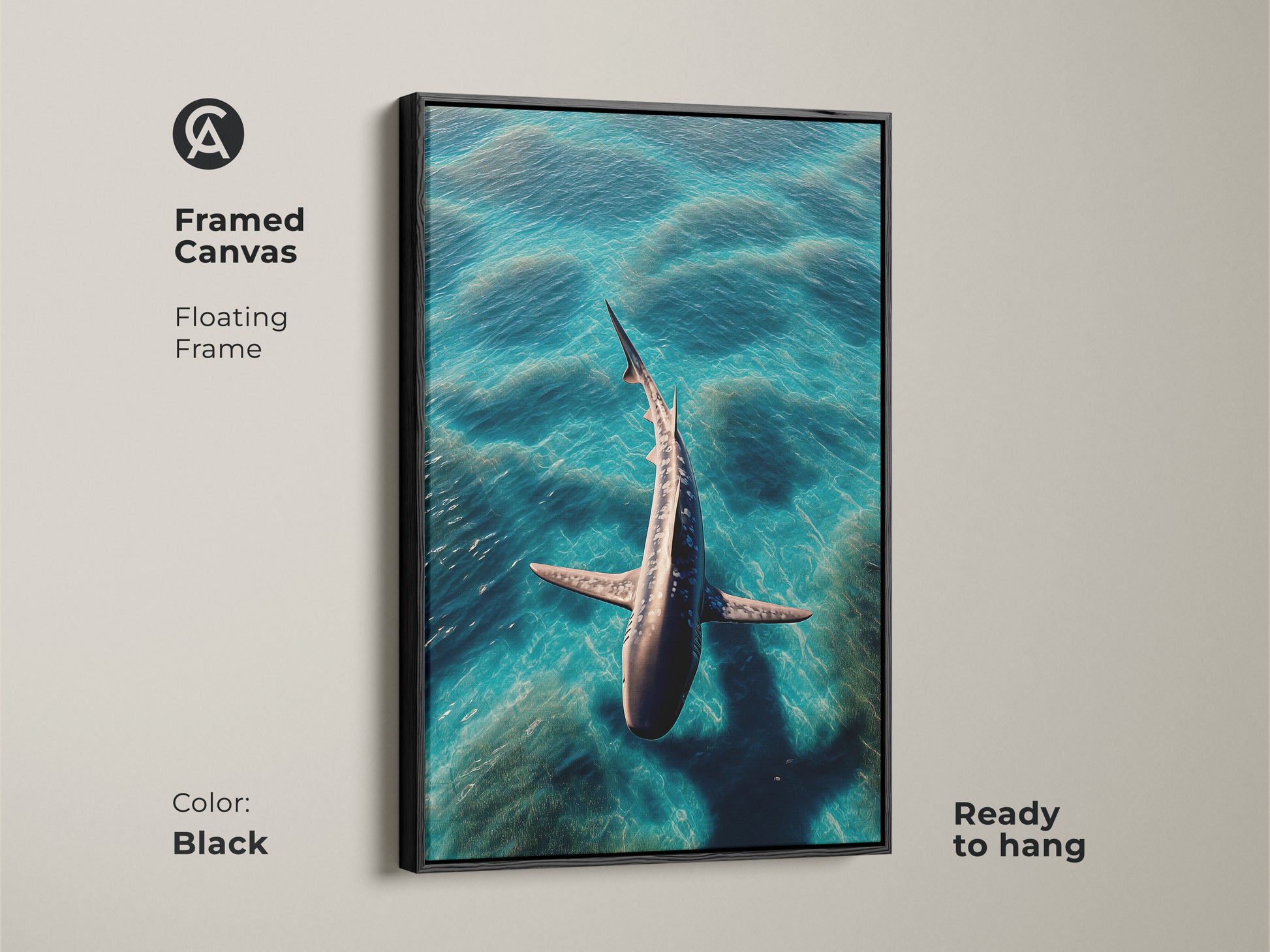 A framed canvas features a photorealistic shark in turquoise ocean waves. This aqua deep blue animal print has a floating black frame. The contemporary coastal decor is ready to hang. A stunning housewarming shark artwork gift idea for ocean enthusiasts.